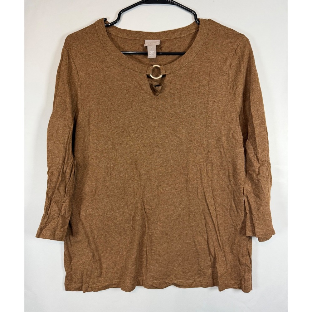 Chicos Brown Heathered Keyhole Ring Neck 3/4 Sleeve Top Size 1 Medium